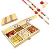 Ghasitaram Gifts Rakhi Gifts for Brothers Rakhi Dryfruit Hampers - Golden 6 Part Box with Dryfruits and Assorted Bites 1500 GMS with 2 Rudraksh rakhis view 1