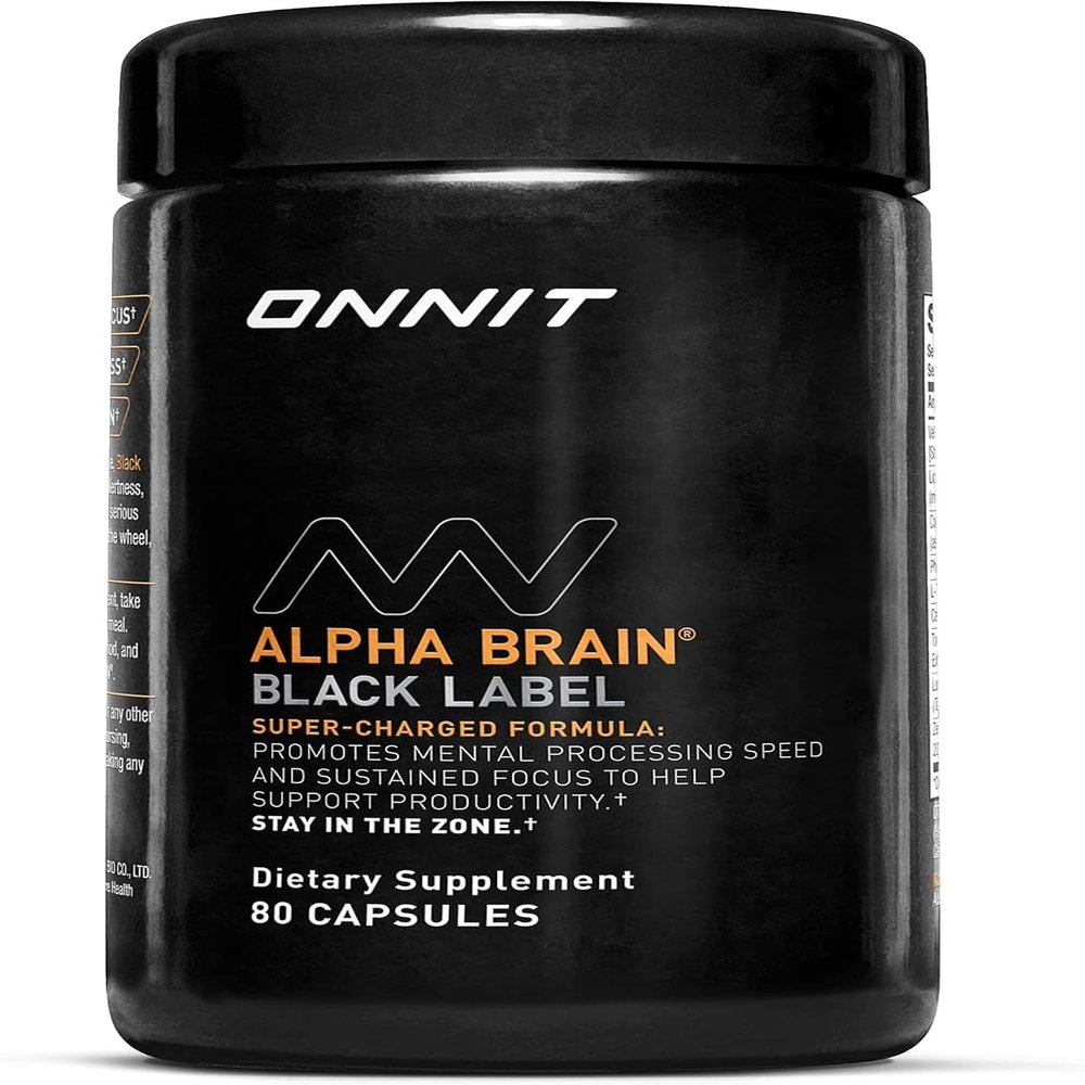 ONNIT Alpha Brain Black Label Capsules, IGEN Non-GMO Tested Citicoline Brain Supplement for Concentration and Memory, Lions Mane, Lutemax Lutein, L Theanine and Mucuna Pruriens, 80 Count