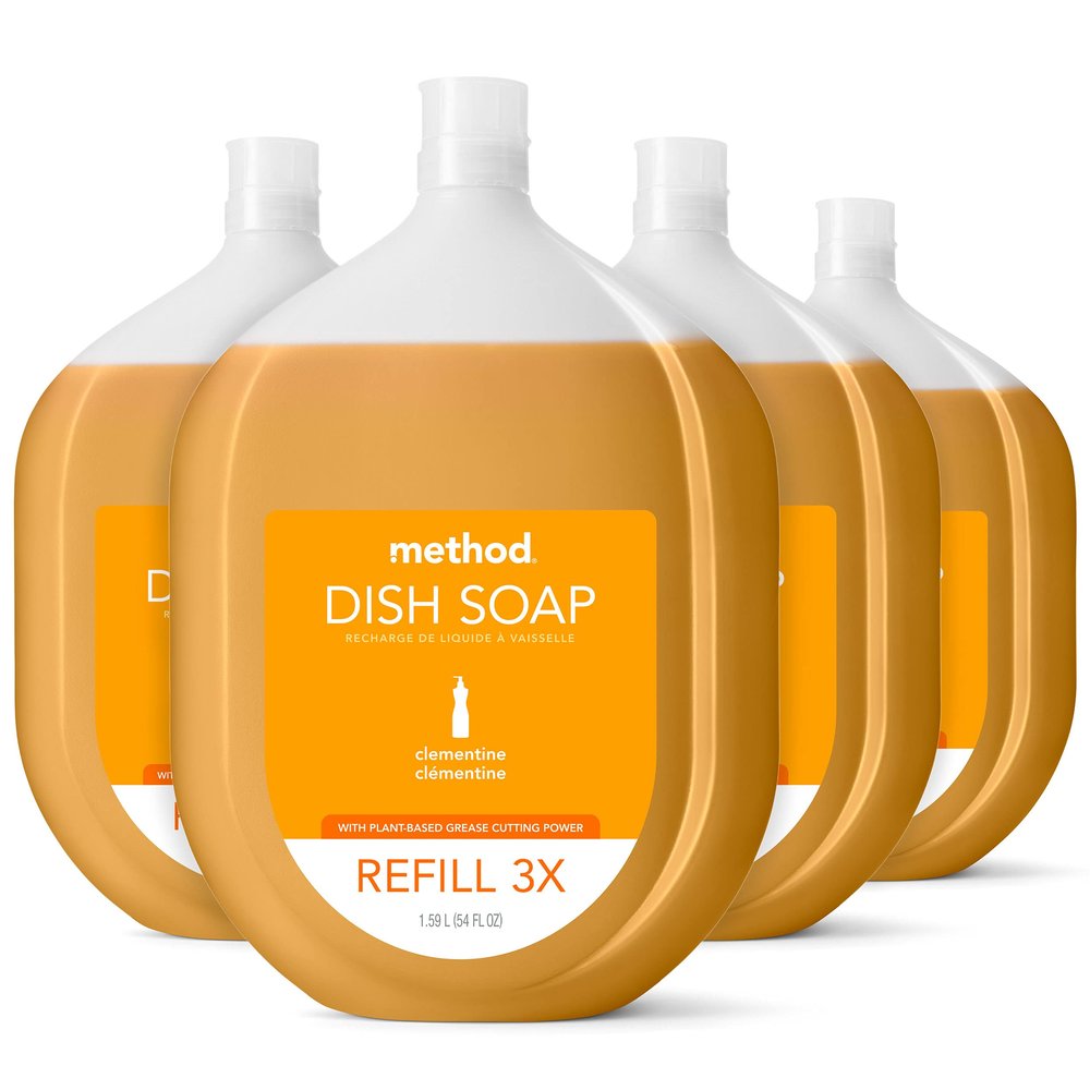 Method Gel Dish Soap Refill, Clementine Scent, Powerful Cleaning Formula, Large Refill Tub, Cuts Through Grease, 54 Fl Oz (Pack of 4)
