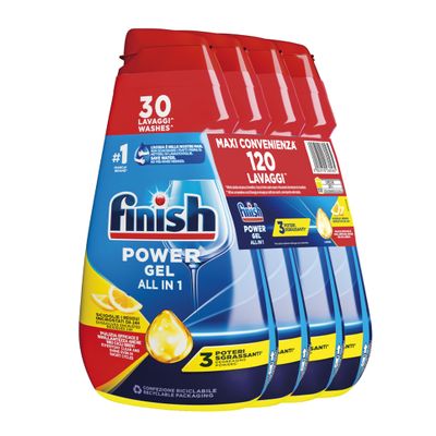 Finish Powergel Detersivo Lavastoviglie al Limone, Gel Lavastoviglie, 120 Lavaggi, 4 confezioni da 30 Lavaggi di Liquido Lavastoviglie
