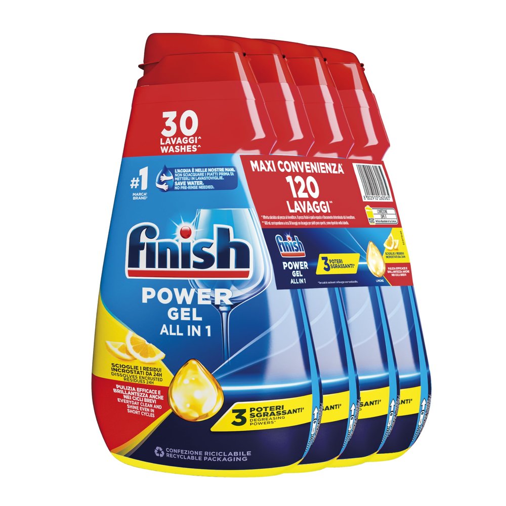 Finish Powergel Detersivo Lavastoviglie al Limone, Gel Lavastoviglie, 120 Lavaggi, 4 confezioni da 30 Lavaggi di Liquido Lavastoviglie