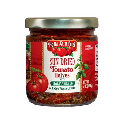 Bella Sun Luci Sun Dried Tomatoes Halves with Italian Herbs and Extra Virgin Olive Oil, Mediterranean Italian Style Sun-Ripened Tomatoes, Kosher, Vegan, Gluten-Free, Premium Ingredient for Pasta, Pizza & Salads