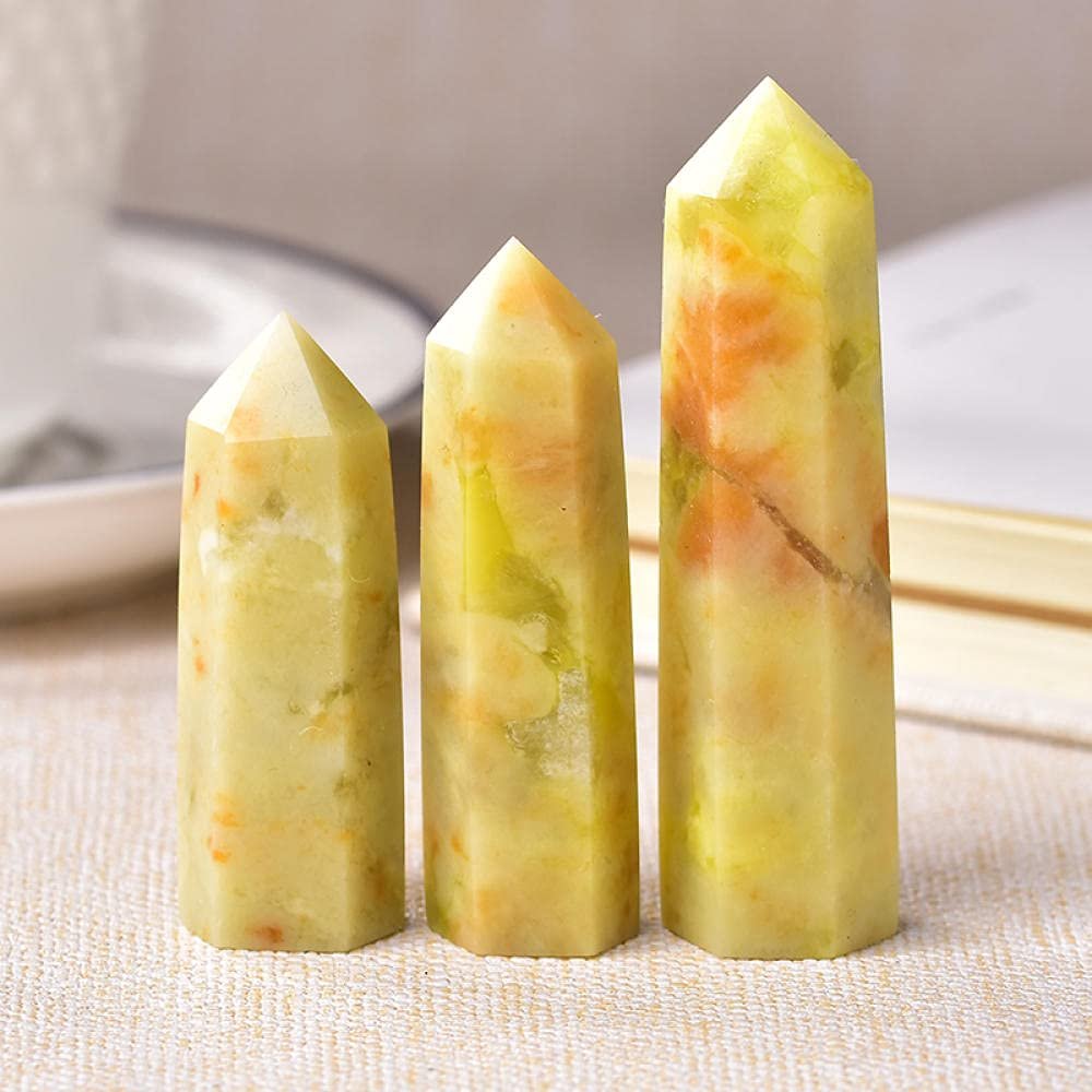 1pc Natural Crystal Point Flower Jade Obelisk Quartz Wand Yellow Ornament for Home Decor Energy Stone Pyramid Gift-Flower Jade_50-60mm