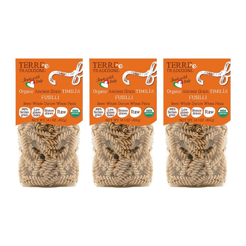 3 Packs Organic Italian SEMI Whole DURUM Wheat FUSILLI Pasta  Sicilian Ancient Grain Timilia Vegan Pasta Crafted in Italy. Low-Gluten Index. Has 6X More Fiber and Protein Than Popular Grains