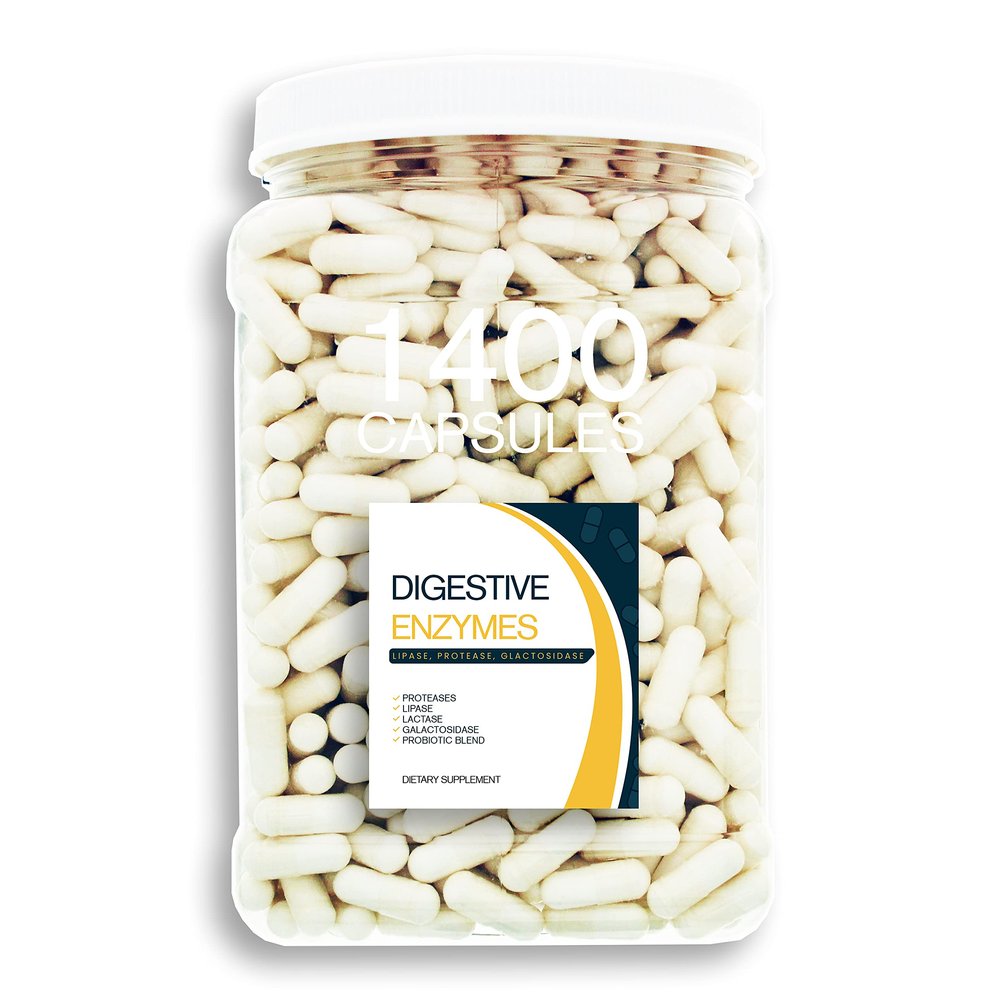 Bulk Buy Digestion Aid - 1400 Count Blend of Digestive Enzymes and Key Probiotic Strains in a Clear Square Grip Jar