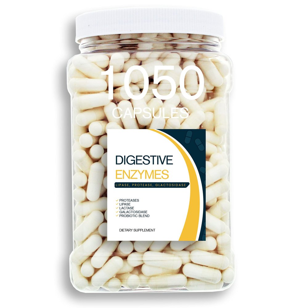 Bulk Buy Digestion Aid - 1050 Count Blend of Digestive Enzymes and Key Probiotic Strains in a Clear Square Grip Jar