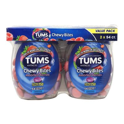 TUMS Chewy Bites Extra Strength Antacid Tablets for Chewable Heartburn Relief and Acid Indigestion Relief, Mixed Fruit, Blue,Mixed Fruit, 54 Count, Pack of 2