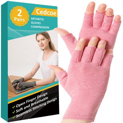 2 Pairs Arthritis Compression Gloves for Relieve Rheumatoid Arthritis, Osteoarthritis, Carpal Tunnel, Joint Pain, Open Fingerless Gloves, Fit for Women and Men to Daily Work (Pink, Medium)