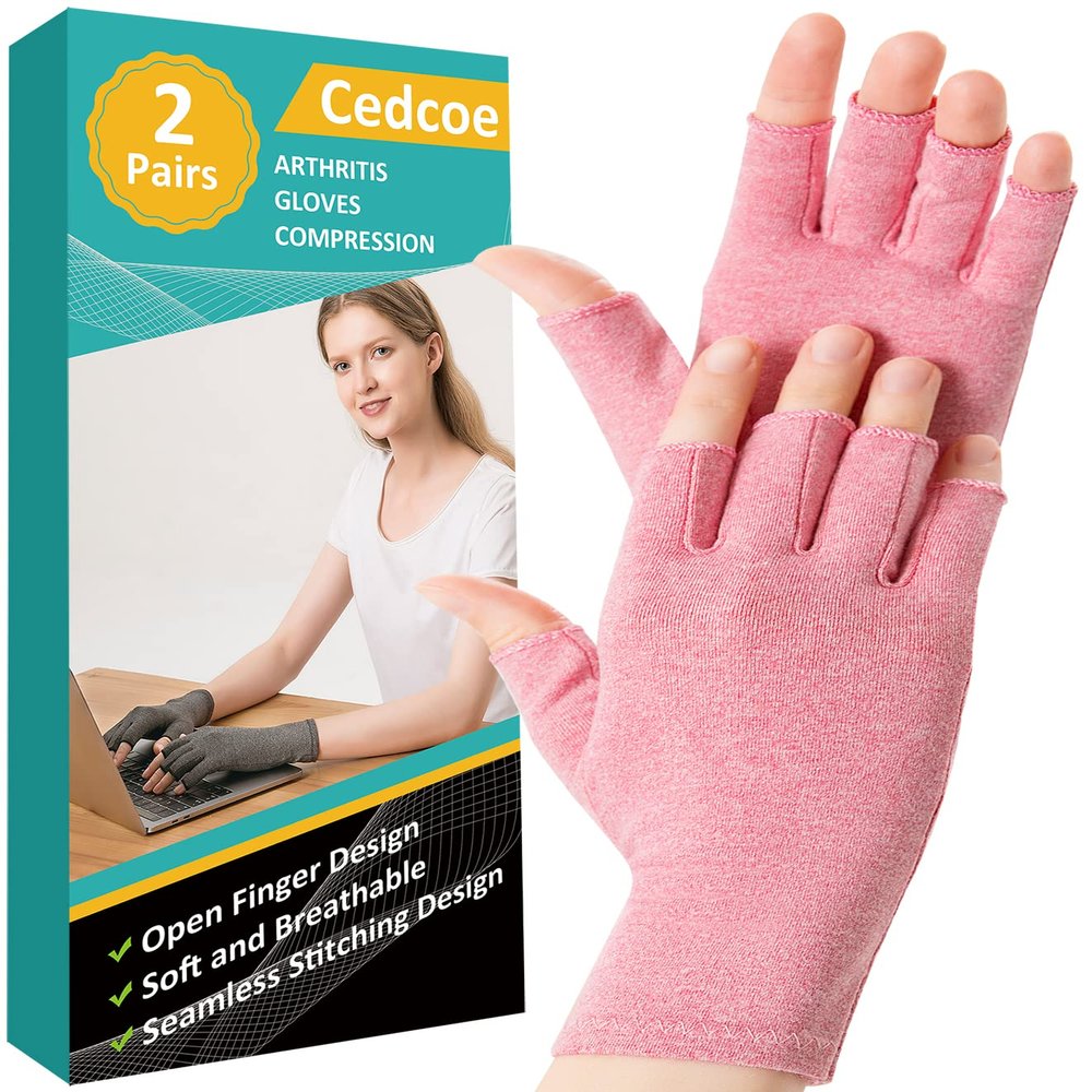 2 Pairs Arthritis Compression Gloves for Relieve Rheumatoid Arthritis, Osteoarthritis, Carpal Tunnel, Joint Pain, Open Fingerless Gloves, Fit for Women and Men to Daily Work (Pink, Medium)