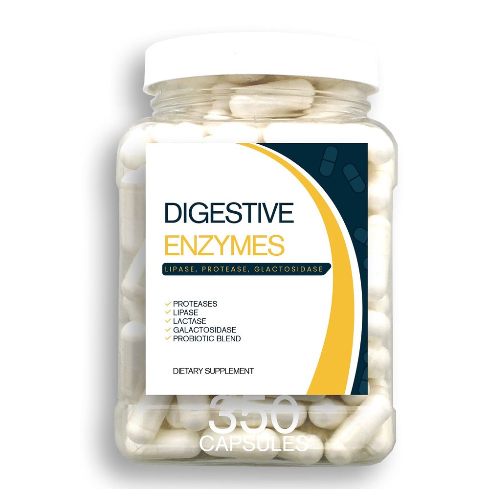 Bulk Buy Digestion Aid - 350 Count Blend of Digestive Enzymes and Key Probiotic Strains in a Clear Square Grip Jar