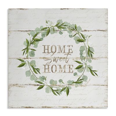 Stupell Industries Sweet Home Greeting Eucalyptus Wreath Rustic Plank Pattern Canvas Wall Art, 17 x 17, Beige