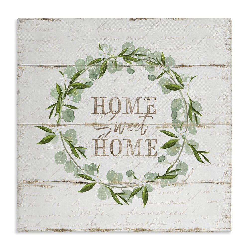Stupell Industries Sweet Home Greeting Eucalyptus Wreath Rustic Plank Pattern Canvas Wall Art, 17 x 17, Beige