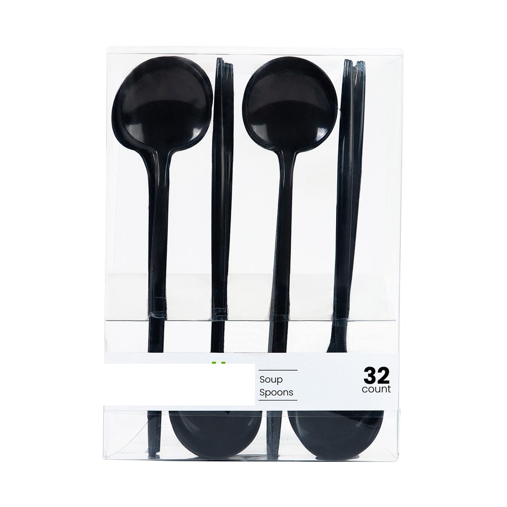 Novelty Modern Flatware, Cutlery, Soup Spoons Luxury Black 64 Count