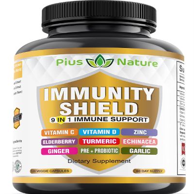 9-in-1 Immune Support Vitamin C (1000mg), Vitamin D3 (5000 IU), Zinc(22mg) with Elderberry, Turmeric, Echinacea, Ginger, Garlic and Pre+Pro-Biotic per Serving (120 caps per Bottle - 2 Month Supply)