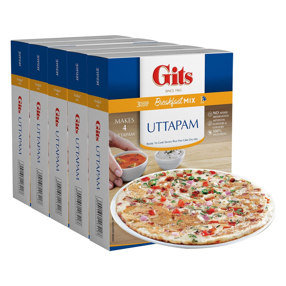 Gits Uttapam mix 87.5 Oz (Pack of 5X17.5 Oz each) Ready to Cook Indian Breakfast, Snack Meal | 100% Vegetarian, Easy Recipe, No Artificial Colors, Flavors, Preservatives. Vegan