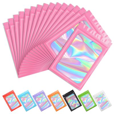 100 pcs Pink Smell Proof Mylar Holographic Bags Packaging Bags,Clear Resealable Odor Proof Bag Foil Pouch Bag for Food Storage and Lipgloss,Jewelry,Eyelash Packaging for Small Business(5.5x7.9Inch)