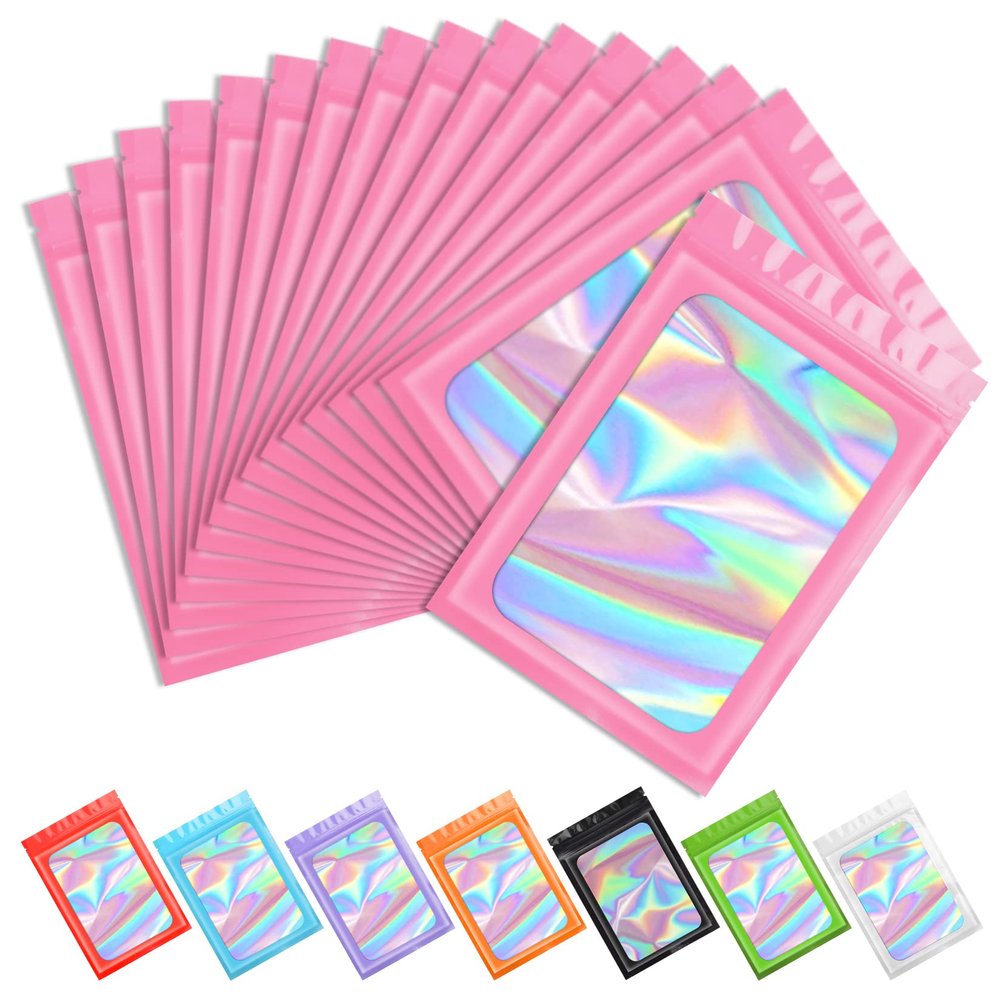 100 pcs Pink Smell Proof Mylar Holographic Bags Packaging Bags,Clear Resealable Odor Proof Bag Foil Pouch Bag for Food Storage and Lipgloss,Jewelry,Eyelash Packaging for Small Business(5.5x7.9Inch)
