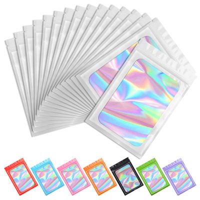 100 pcs Smell Proof Mylar Holographic Bags Packaging Bags, Resealable Odor Proof Bag Foil Pouch Zipper Bag for Food Storage (White, 4.7 x 7.9 Inch)