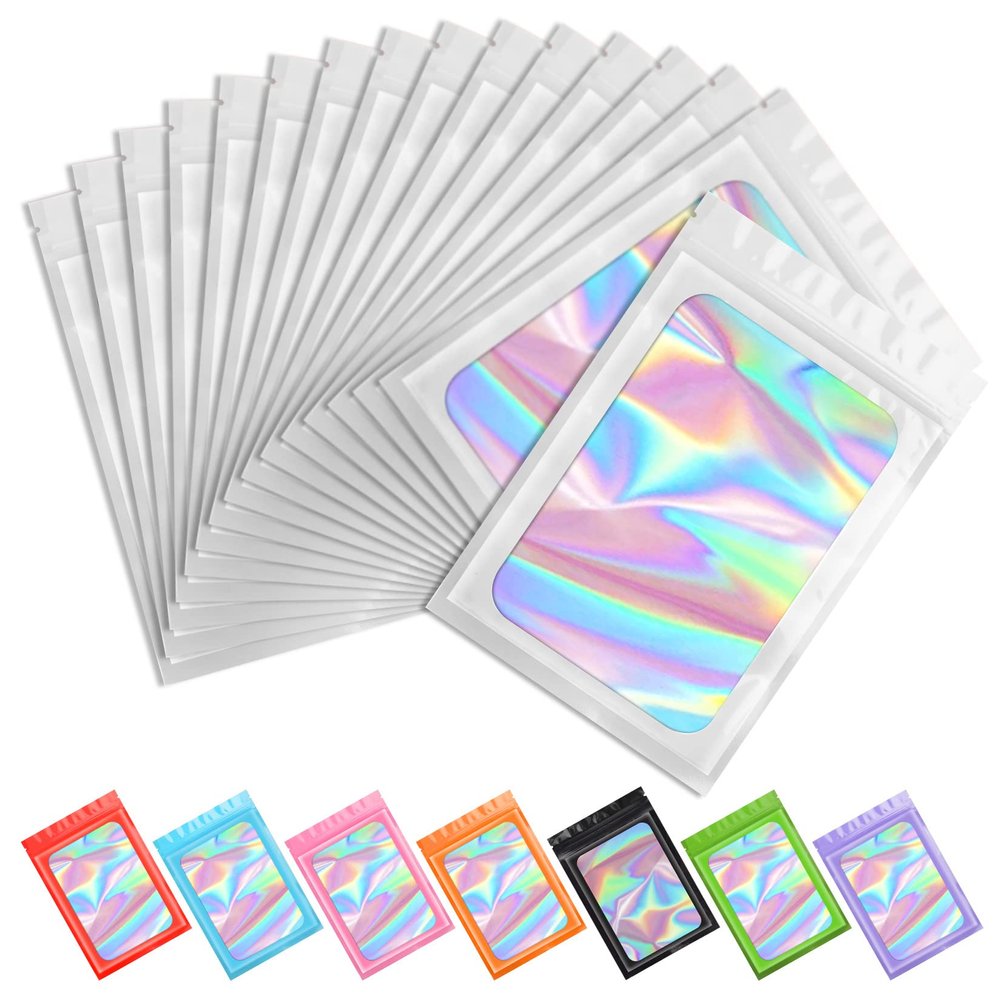 100 pcs Smell Proof Mylar Holographic Bags Packaging Bags, Resealable Odor Proof Bag Foil Pouch Zipper Bag for Food Storage (White, 4.7 x 7.9 Inch)