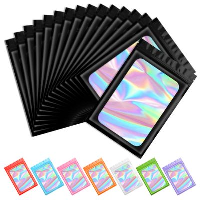 100 pcs Black Smell Proof Mylar Holographic Bags Packaging Bags,Clear Resealable Odor Proof Bag Foil Pouch Bag for Food Storage and Lipgloss,Jewelry,Eyelash Packaging for Small Business(6.3x9.4Inch)
