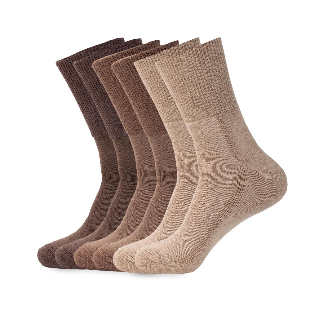 1SOCK2SOCK 6 Pack Diabetic Crew Socks, Therapeutic, Non-Binding Circulatory Silky Soft Cushioned Socks (Brown, Medium)