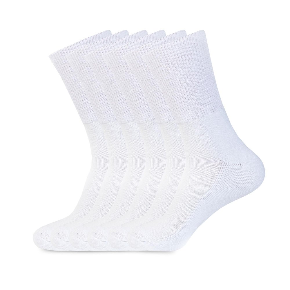 1SOCK2SOCK 6 Pack Diabetic Crew Socks, Therapeutic, Non-Binding Circulatory Silky Soft Cushioned Socks (White, Medium)