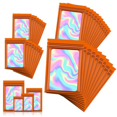 120 PCS Smell Proof Mylar Bags Resealable Odor Proof Bags Holographic Packaging Pouch Bag with Clear Window for Food Storage Eyelash Jewelry Candy Electronics Storage, 4 Sizes (Black) (ORANGE)