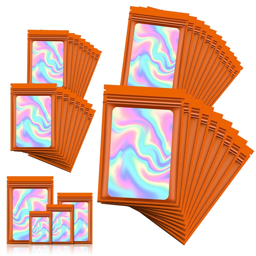 120 PCS Smell Proof Mylar Bags Resealable Odor Proof Bags Holographic Packaging Pouch Bag with Clear Window for Food Storage Eyelash Jewelry Candy Electronics Storage, 4 Sizes (Black) (ORANGE)