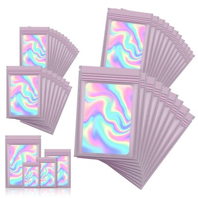 120 PCS Smell Proof Mylar Bags Resealable Odor Proof Bags Holographic Packaging Pouch Bag with Clear Window for Food Storage Eyelash Jewelry Candy Electronics Storage, 4 Sizes(PURPLE)