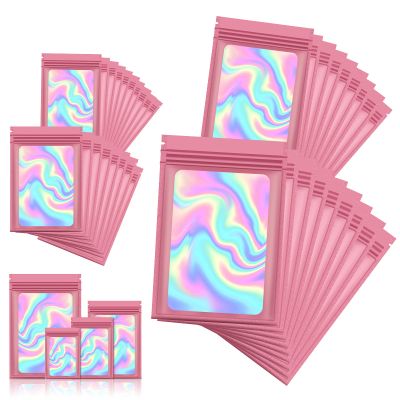 120 PCS Smell Proof Mylar Bags Resealable Odor Proof Bags Holographic Packaging Pouch Bag with Clear Window for Food Storage Eyelash Jewelry Candy Electronics Storage, 4 Sizes (Black) (PINK)