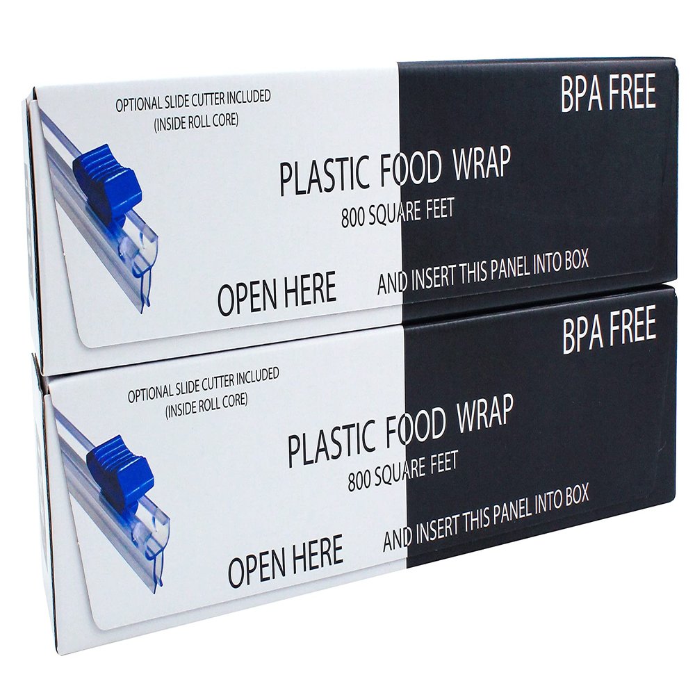 Plastic Food Wrap- 1600 SQ. FT. (2 Pack of 800 Sq. Ft.) BPA-Free, Optional Slide Cutter Included, Extra Cling And No Mess