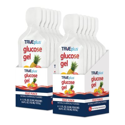 TRUEplus Glucose Gel Pouch, Fruit Punch Flavor, 15g Fast-Acting Carbohydrates Per Serving, Fat Free, Gluten Free, Raise Low Blood Sugar and Boost Energy, 12 Pack