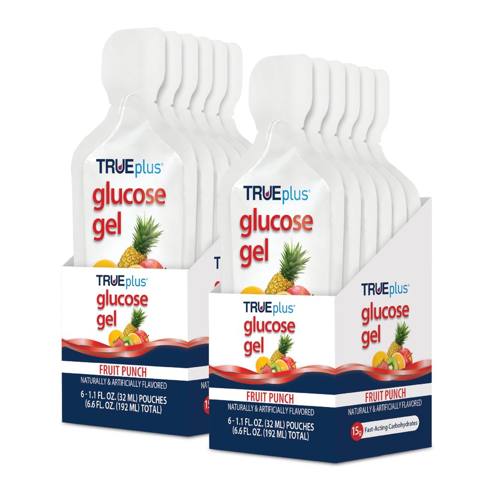 TRUEplus Glucose Gel Pouch, Fruit Punch Flavor, 15g Fast-Acting Carbohydrates Per Serving, Fat Free, Gluten Free, Raise Low Blood Sugar and Boost Energy, 12 Pack