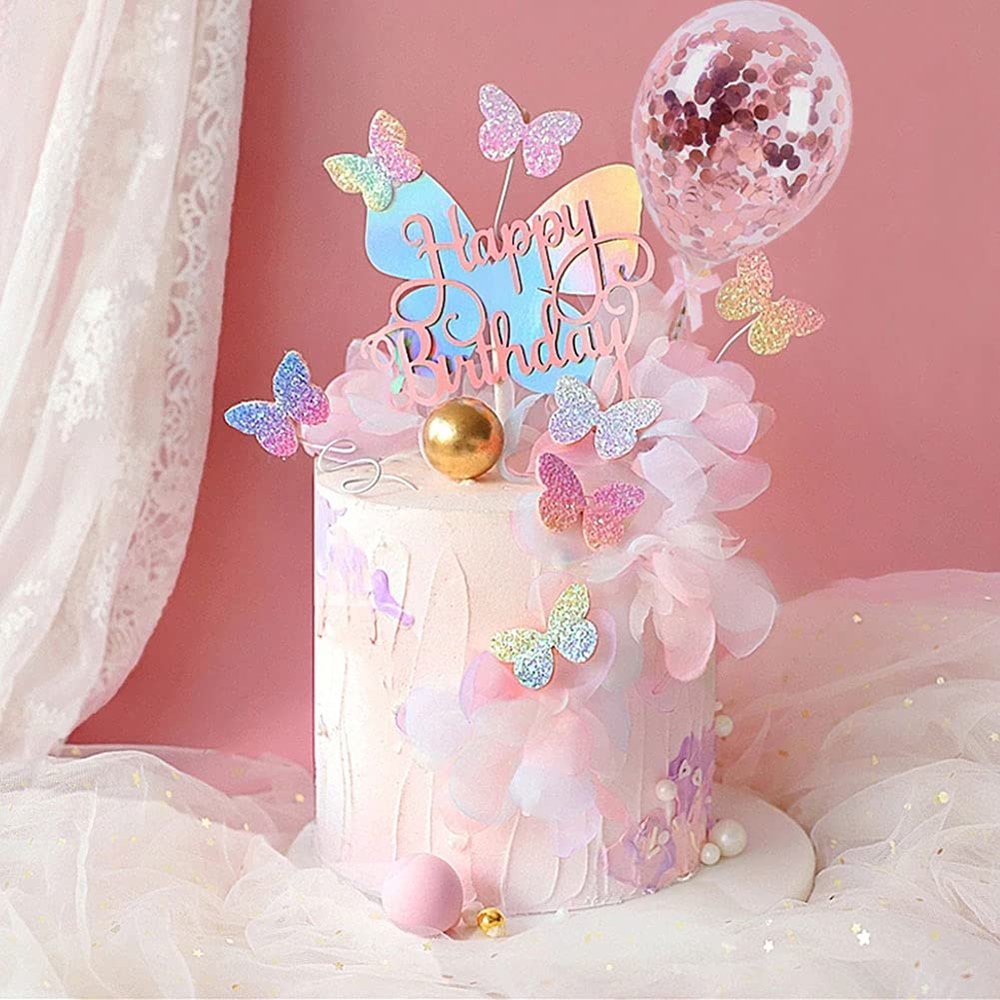 Newmemo 12pcs Gradient Sequins Butterfly Cake Toppers, Rose Gold Confetti Balloon Cake Supplies, Glitter Butterflies Cupcake Toppers Picks, Butterflies Cake Decorations for Birthday Wedding Fairy