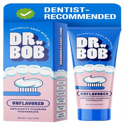 Dr. Bob Unflavored Anticavity Fluoride Toothpaste for Kids, Dentist-Recommended Toothpaste Gel with Xylitol for Sensitive Teeth, SLS-Free, Children and Adult Oral Care, 4 oz., 1-Pack