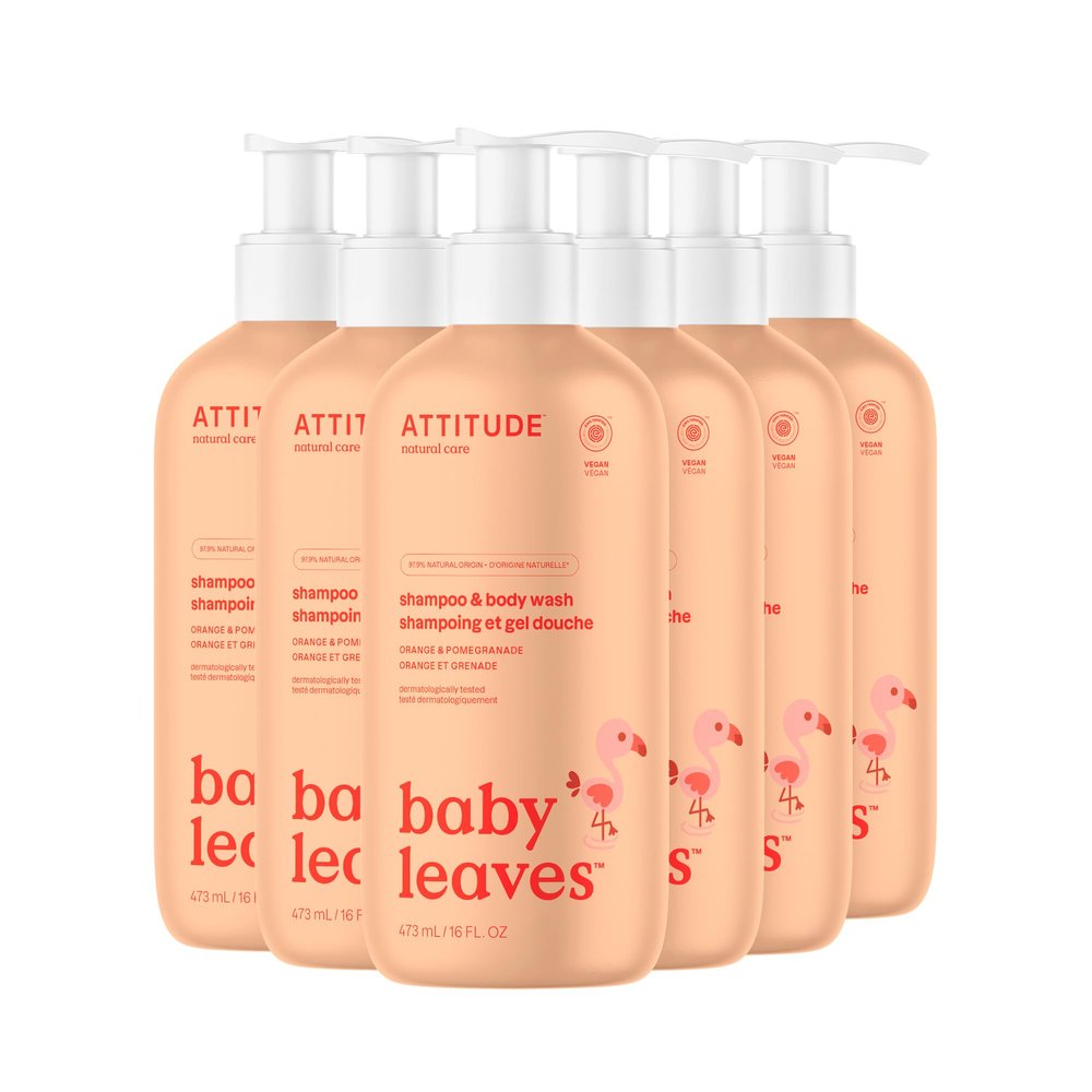 ATTITUDE 2-in-1 Shampoo and Body Wash for Baby, EWG Verified, Dermatologically Tested, Vegan, Orange and Pomegranate, 16 Fl Oz (Pack of 6)