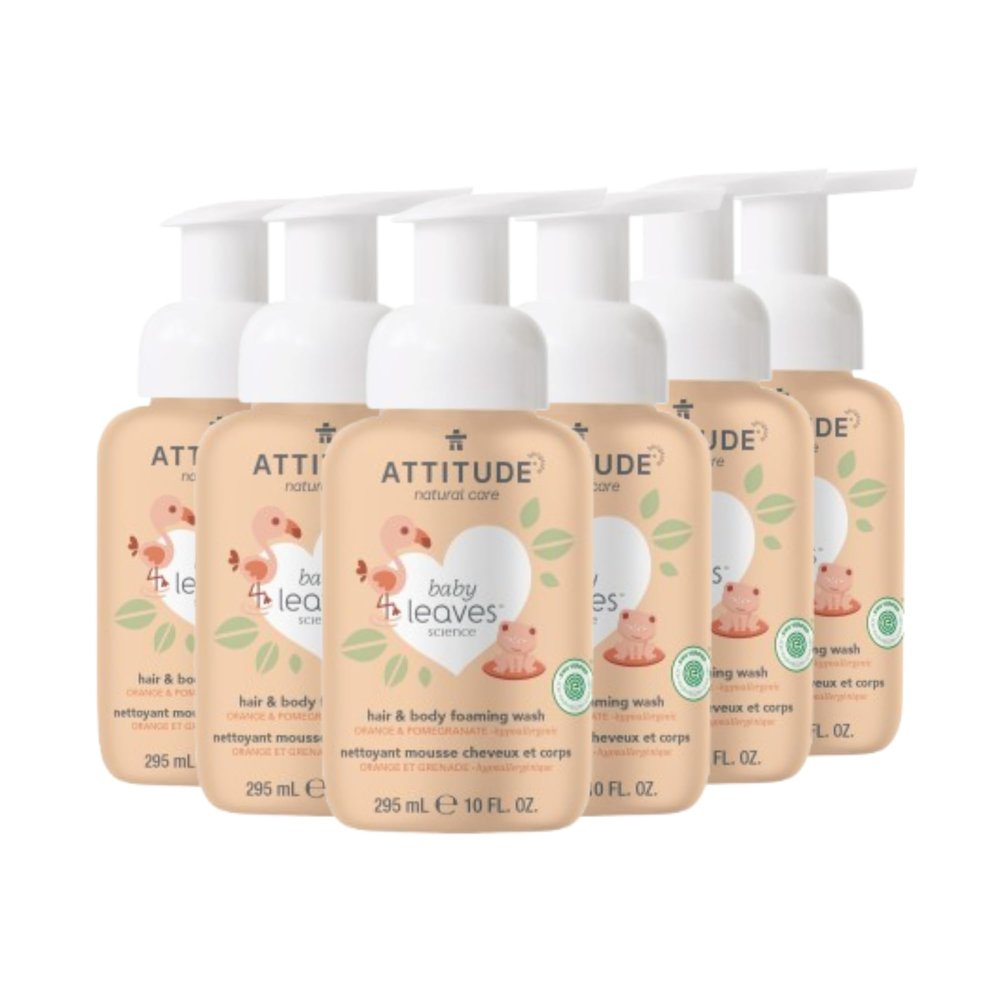 ATTITUDE 2-in-1 Hair and Body Foaming Baby Wash, EWG Verified Shampoo Soap, Dermatologically Tested, Made with Naturally Derived Ingredients, Vegan, Orange and Pomegranate, 10 Fl Oz (Pack of 6)