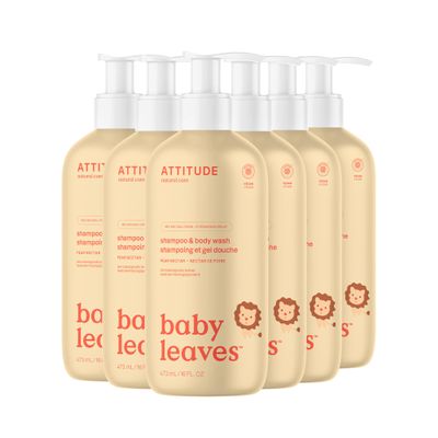 ATTITUDE 2-in-1 Shampoo and Body Wash for Baby, EWG Verified, Dermatologically Tested, Made with Naturally Derived Ingredients, Vegan, Pear Nectar, 16 Fl Oz (Pack of 6)