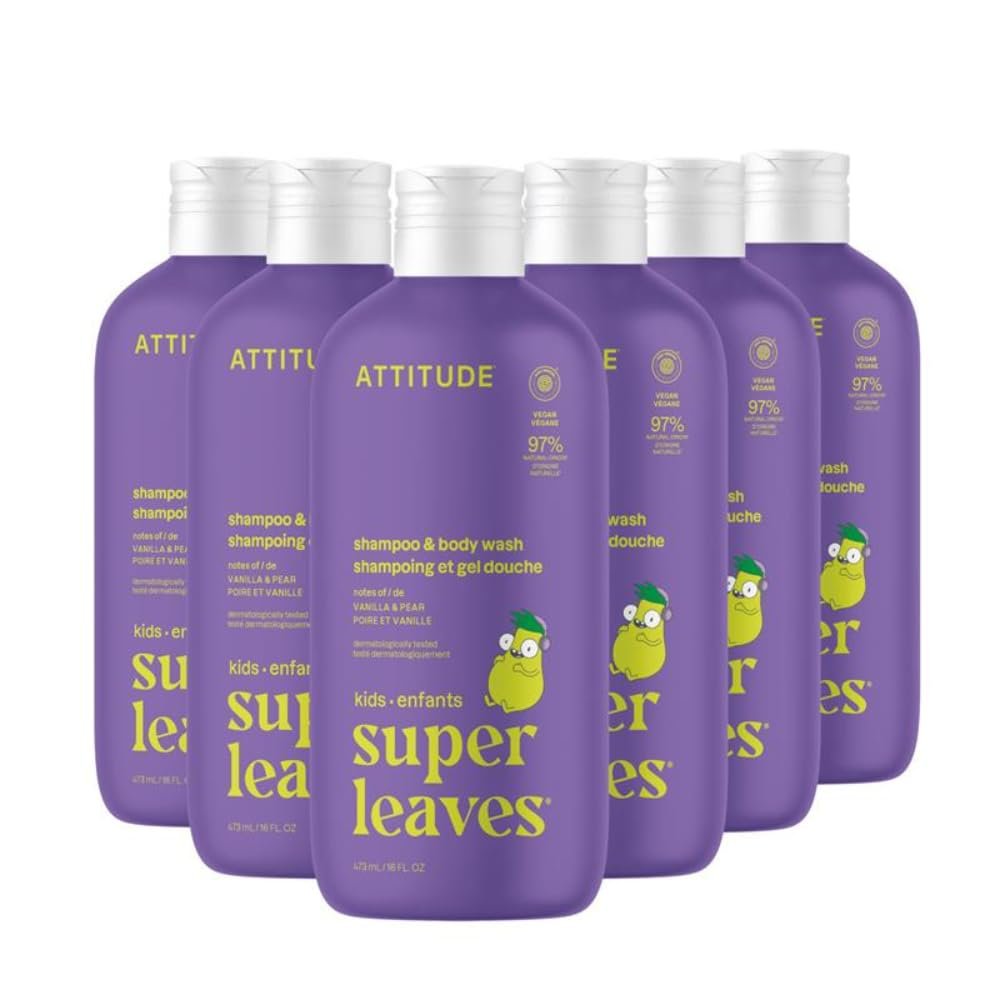 ATTITUDE Shampoo and Body Wash for Kids, EWG Verified Hair and Body Cleanser, Dermatologically Tested Soap, Plant and Mineral Based Bath Products, Vegan, Vanilla & Pear, 16 Fl Oz (Pack of 6)