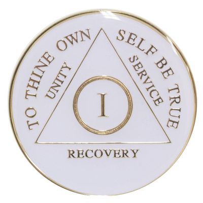 1 Year AA Medallion White Tri-Plate Gold Plated Sobriety Chip