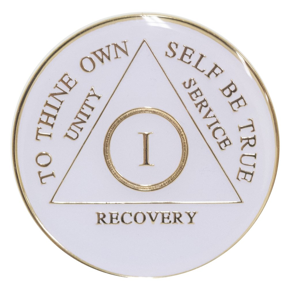 1 Year AA Medallion White Tri-Plate Gold Plated Sobriety Chip