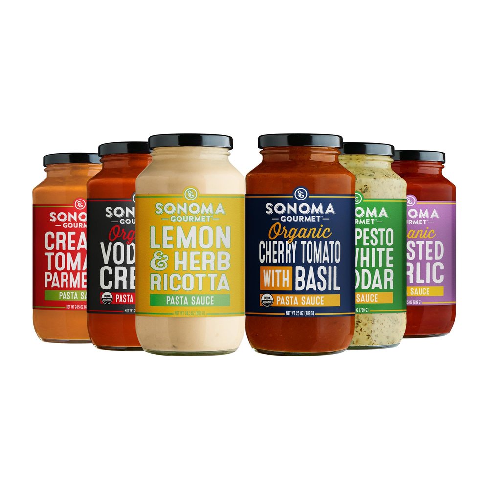 Sonoma Gourmet Pasta Sauce Variety Pack Non-GMO, No Sugar Added 6 Chef-Crafted Flavors 25oz Jars