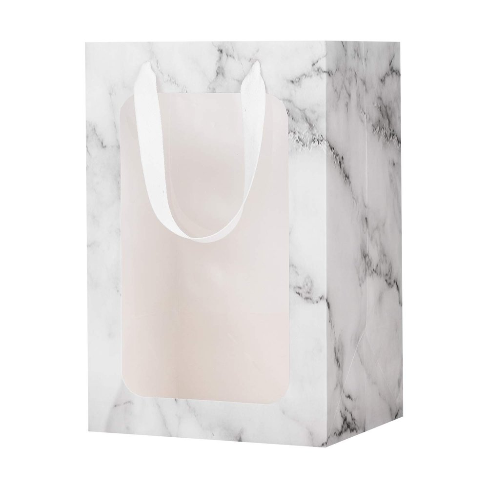 10 Pack Flower Bouquet Paper Gift Bags with Transparent Window Portable Marble Pattern Kraft Paper Tote Gift Bag Clear Window Floral Shipping Bag with Handles Party Paper Florist Gift Wrapping Bags