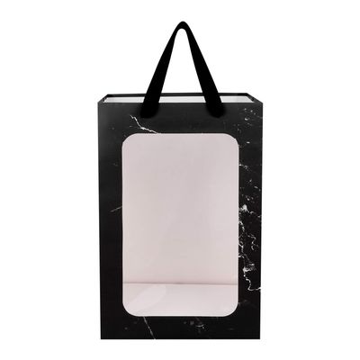 10 Pack Flower Bouquet Paper Gift Bags with Transparent Window Portable Marble Pattern Kraft Paper Tote Gift Bag Clear Window Floral Shipping Bag with Handles Party Paper Florist Gift Wrapping Bags