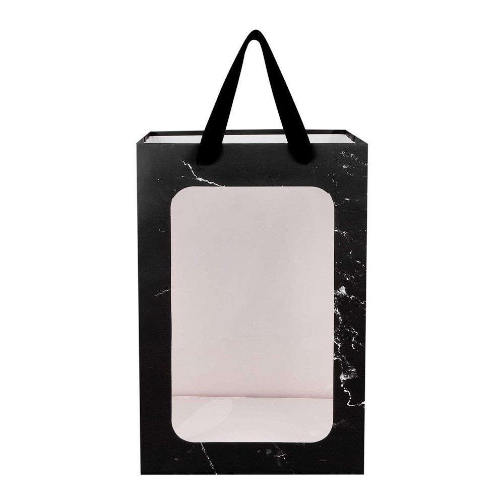 10 Pack Flower Bouquet Paper Gift Bags with Transparent Window Portable Marble Pattern Kraft Paper Tote Gift Bag Clear Window Floral Shipping Bag with Handles Party Paper Florist Gift Wrapping Bags