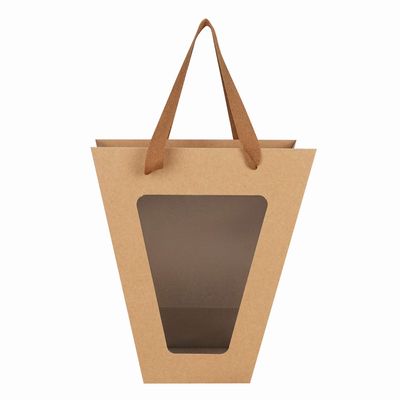 10 Pack Flower Bouquet Paper Gift Bags with Transparent Window Portable Marble Pattern Kraft Paper Tote Gift Bag Clear Window Floral Shipping Bag with Handles Party Paper Florist Gift Wrapping Bags