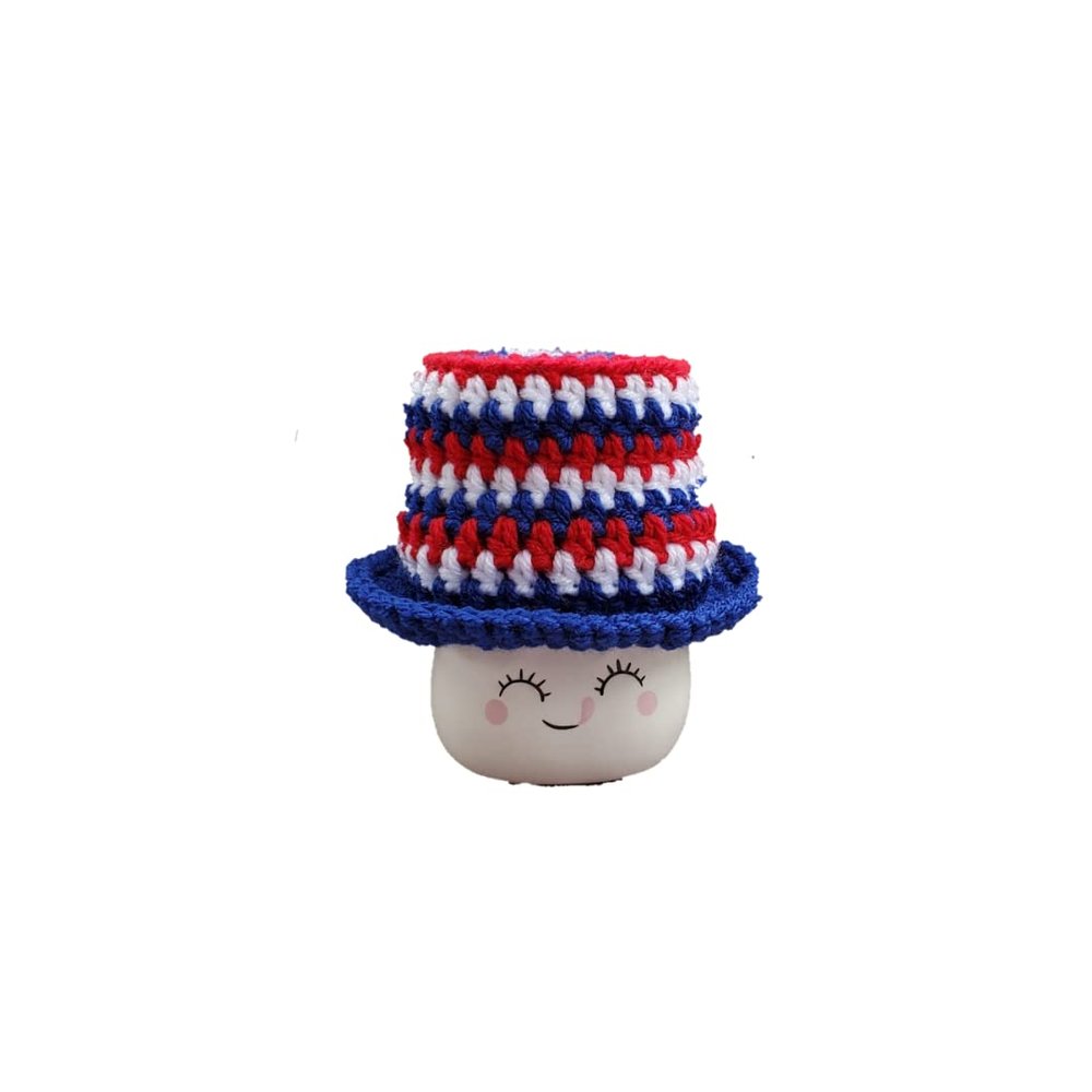 4th of july marshmallow mug hat, crochet marshmallow mug hat, fourth of july, uncle Sam, patriotic marshmallow mug hat