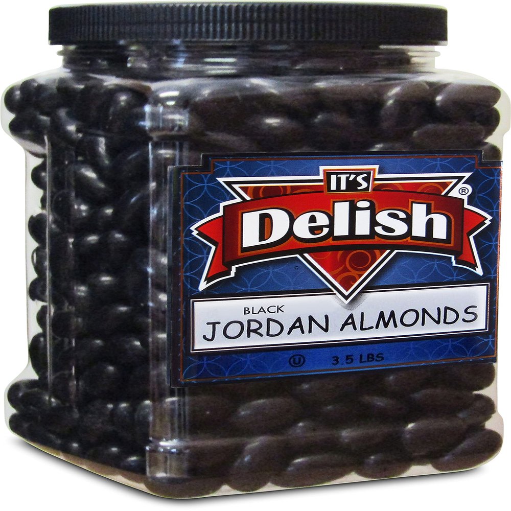Black Jordan Almonds by Its Delish, 3.5 lbs Jumbo Container | Candied Almond Nut with Sweet Hard Candy Coating - Bulk Wedding Favors, Bridal and Baby Showers, Party Buffets - USA Made, Vegan & Kosher