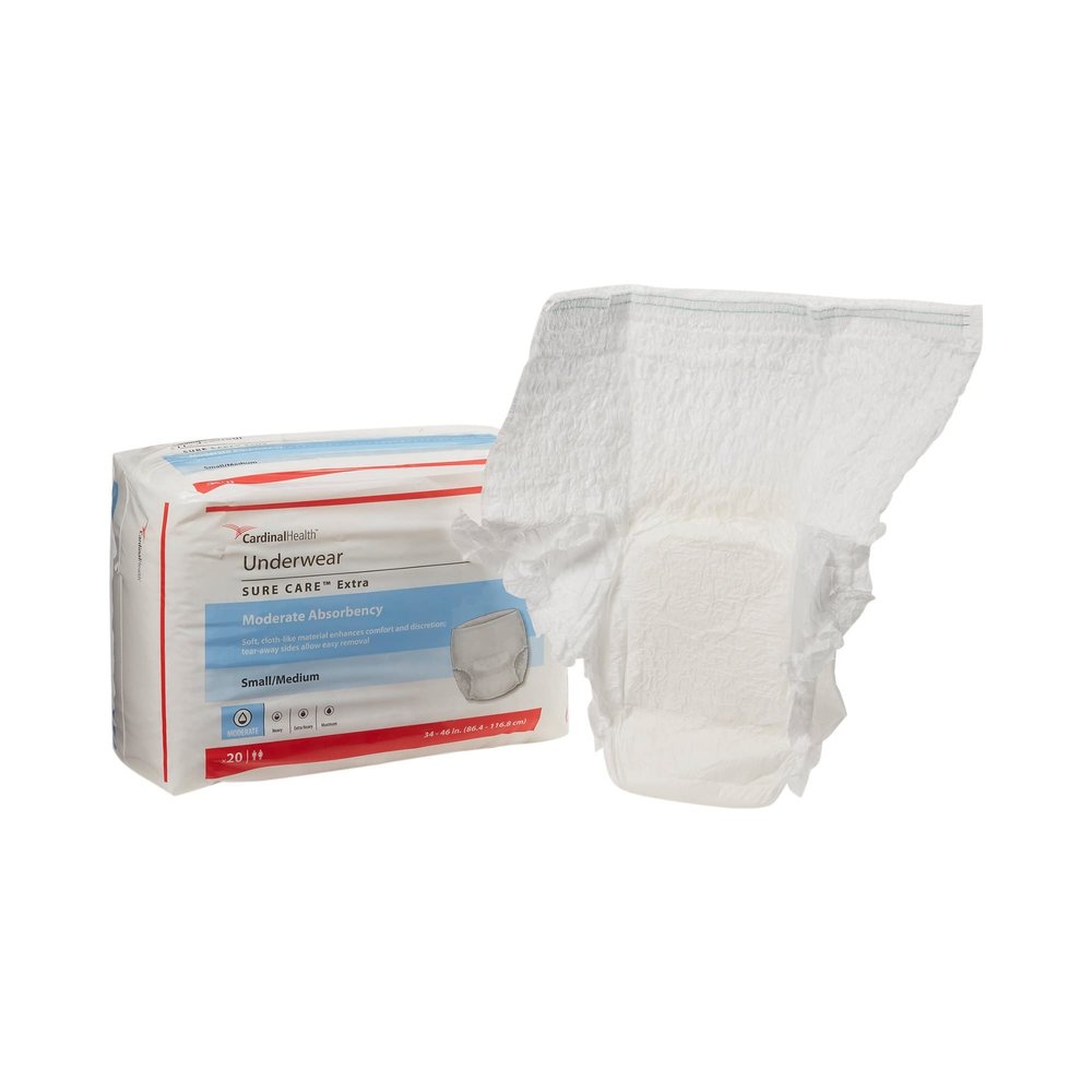 Cardinal Health Protective Underwear, Sure Care Extra, Moderate Absorbency, Small/Medium, 1840A, Bag of 20