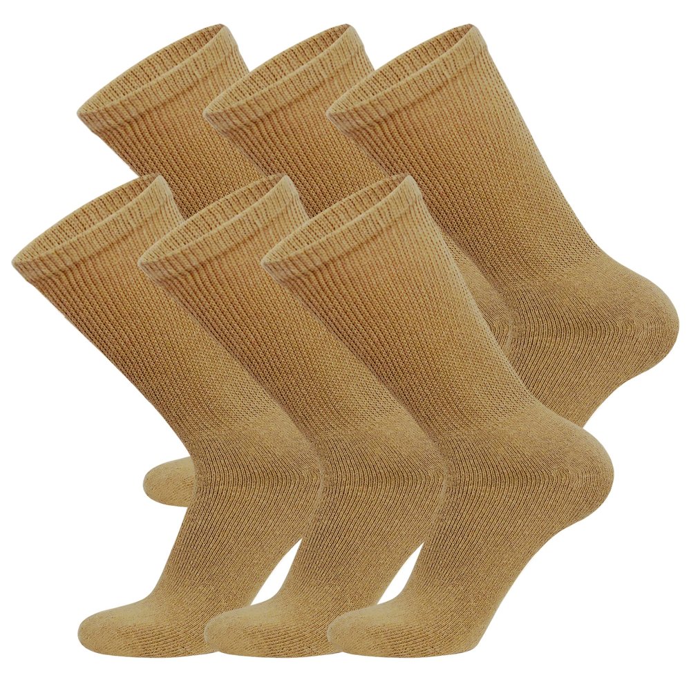 6 Pairs of Cotton Diabetic Non-Binding Neuropathy Crew Socks (Khaki, Fits Mens Shoe Size 12-14.5)